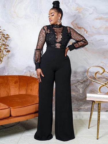 iDress Women Sequin Lace Jumpsuit Elegant Long Sleeve Wide Leg Pants Sexy See Through Evening Party Outfits Jumpsuits With Belt