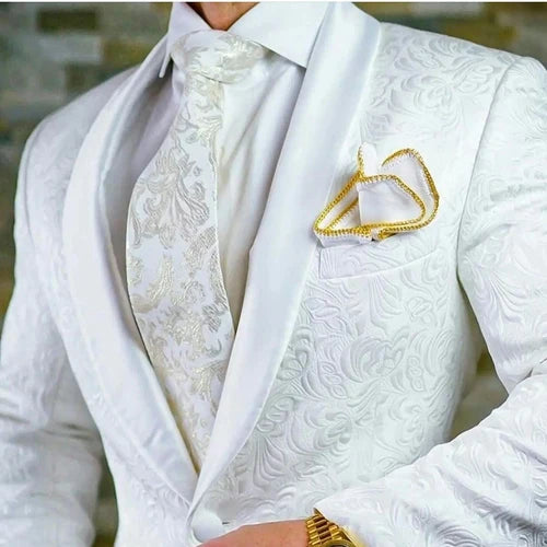 Luxury White Jacquard Men Suits One Button Slim Fit 2024 Wedding Groom Tuxedos Elegant 2 Piece Jacket Pants Costume Homme Blazer