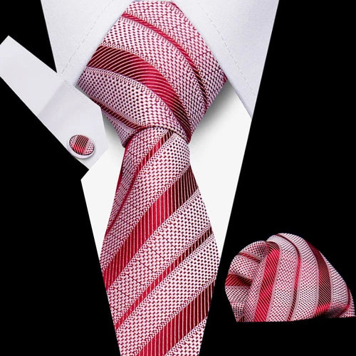 Luxurious Brand Designer Ties For Men Polyester Checkered Stripe Cufflinks Handkerchief Office Wedding Accessories Necktie Set