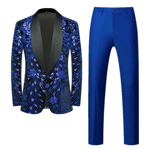 ( Jacket   Pant ) Fashion Men Luxurious Sequin Suit Green / Blue / Golden Male Wedding Dance Party Stage Performance Dress Sets