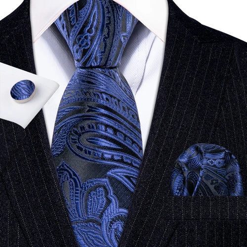 Barry.Wang Blue Silk Mens Tie Hanky Cufflinks Set Navy Royal Sky Peacock Lake Blue Necktie For Male Wedding Business Party Event