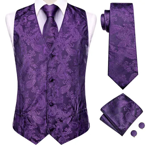 Hi-Tie Silk Mens Suit Vests 4PC Woven Floral Black Waistcoat Tie Pocket Square Cufflink Business Wedding Dress Waist Jacket