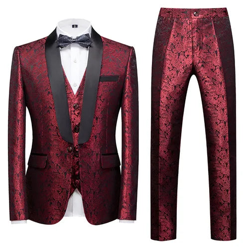 Fashion Jacquard Men Suit Sets Wedding Gala Groomsman Luxury Outfits Evening Party Host Slim Fit Blazer Vest Pants 3 Pieces