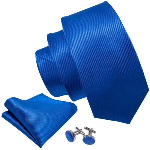 Barry.Wang Blue Silk Mens Tie Hanky Cufflinks Set Navy Royal Sky Peacock Lake Blue Necktie For Male Wedding Business Party Event