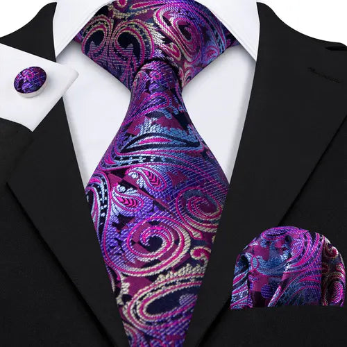 Barry.Wang Floral Silk Men Tie Hankerchief Cufflinks Set Pink Green Purple Red Gold Novelty Spray Necktie for Male Wedding Party