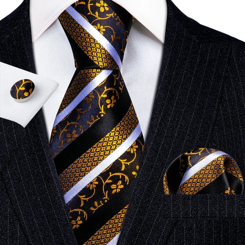 Barry.Wang Gold Silk Mens Tie Hanky Cufflinks Set Yellow Beige Orange Luxury Jacquard Necktie For Male Wedding Business Party