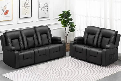 Recline Chair Set，Furniture 2PC Bonded Leather Recliner Set Living Room Set Sofa Loveseat BlackLiving Room Set 3 2