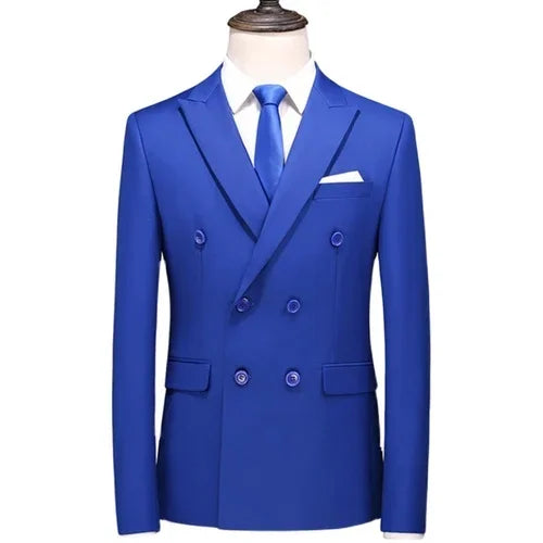 Men's Blue Double Breasted Formal Suit Jacket, Business Office Blazer, Masculino Wedding Party Dress Coat,  Slim Man Tuxedo