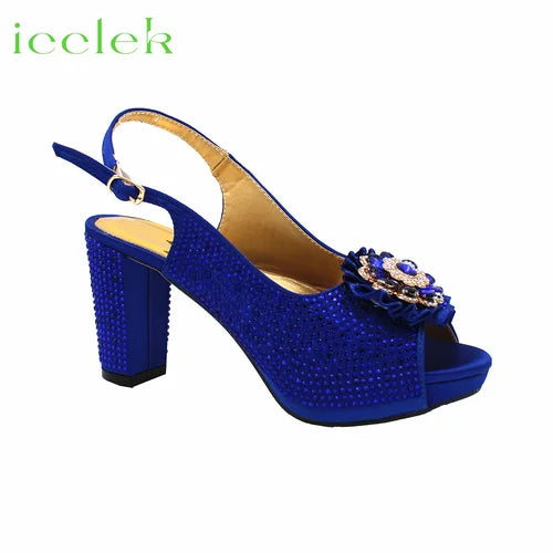 Newest Royal Blue Flower Design Elegant Design High Heel Ladies Sandal with Bag Set For Wedding Party Dress