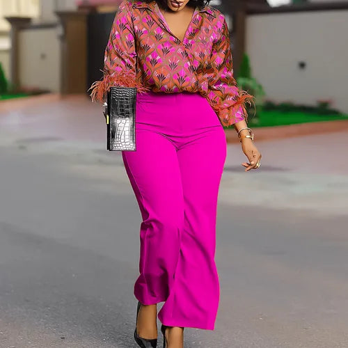 Autumn Winter Fashion Printed Two Piece Set African Women Office Ladies Satin Printed Shirt Wide Leg Pants Two Piece Set Women