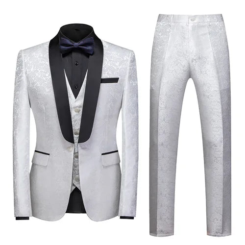 Fashion Jacquard Men Suit Sets Wedding Gala Groomsman Luxury Outfits Evening Party Host Slim Fit Blazer Vest Pants 3 Pieces