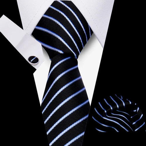 Luxurious Brand Designer Ties For Men Polyester Checkered Stripe Cufflinks Handkerchief Office Wedding Accessories Necktie Set