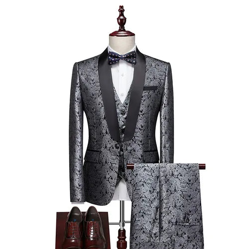 Fashion Jacquard Men Suit Sets Wedding Gala Groomsman Luxury Outfits Evening Party Host Slim Fit Blazer Vest Pants 3 Pieces