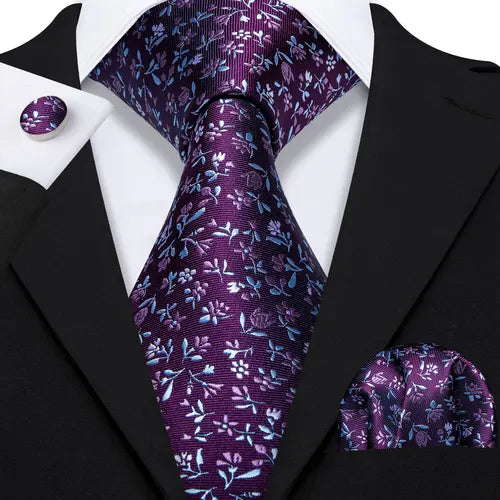 Silk Mens Tie Hanky Cufflinks Set Jacquard Solid Check Striped Purple Teal Gold Black Neckties for Wedding Business Barry Wang