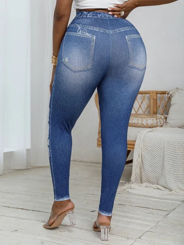 Plus Size Women's Tight Leggings Imitation Denim Print Ripped Pattern High Elastic Sports Pants Comfortable Casual Fashionable Knitted Pants