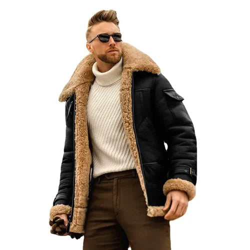 Leather Fur Integrated Men's Jacket Thickened Medium Length Jacket Autumn Winter Casual Fashion Outdoor Vintage Zippered Pocket