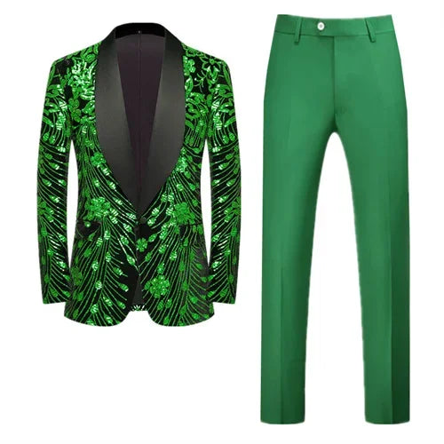 ( Jacket   Pant ) Fashion Men Luxurious Sequin Suit Green / Blue / Golden Male Wedding Dance Party Stage Performance Dress Sets