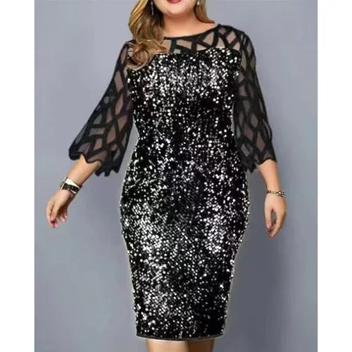 eDressU Women Sequins Lace Evening Party Dress 3/4 Sleeves Plus Size Mid-Calf Elegant Cocktail Formal Dress LYT-3187