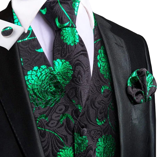 Dark Green Silk Men Vest Tie Elegant Solid Dress Sleeveless Jacket 4PC Hanky Cufflink Paisley Suit Waistcoat Wedding Gift Hi-Tie