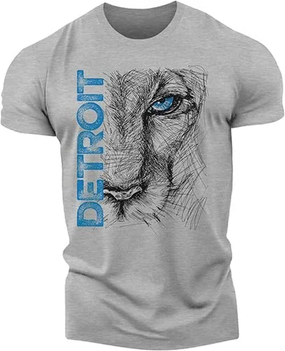 Men's Fitness T-shirt Street Retro Muscle Men Detroit Lion Animal Print T-shirt Gym Outdoor Sports  Short Sleeve T-shirt