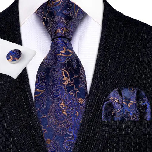 Barry.Wang Blue Silk Mens Tie Hanky Cufflinks Set Navy Royal Sky Peacock Lake Blue Necktie For Male Wedding Business Party Event