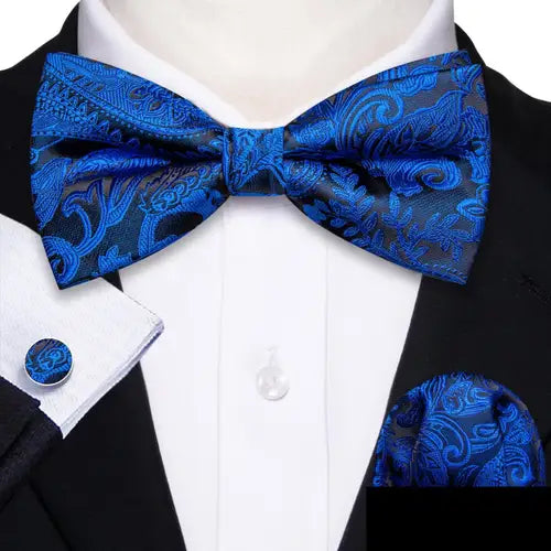 Barry.Wang Navy Royal Sky Blue Silk Mens Bow Tie Jacquard Paisley Floral Pre-Tied Bowtie Hanky Cufflinks Set Wedding Business