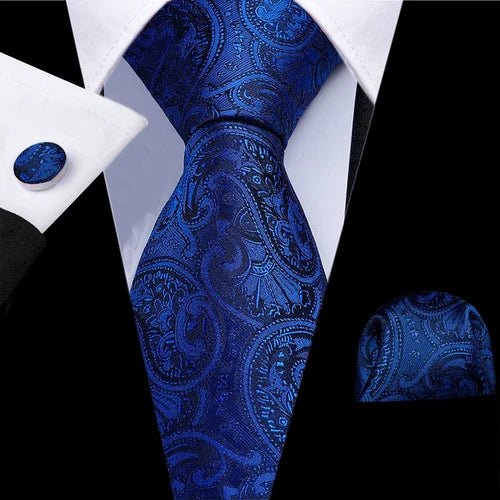 Barry.Wang Blue Silk Mens Tie Hanky Cufflinks Set Navy Royal Sky Peacock Lake Blue Necktie For Male Wedding Business Party Event