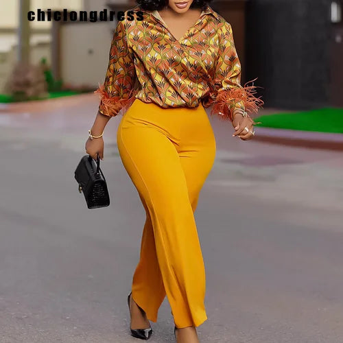 Autumn Winter Fashion Printed Two Piece Set African Women Office Ladies Satin Printed Shirt Wide Leg Pants Two Piece Set Women