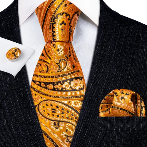 Barry.Wang Gold Silk Mens Tie Hanky Cufflinks Set Yellow Beige Orange Luxury Jacquard Necktie For Male Wedding Business Party