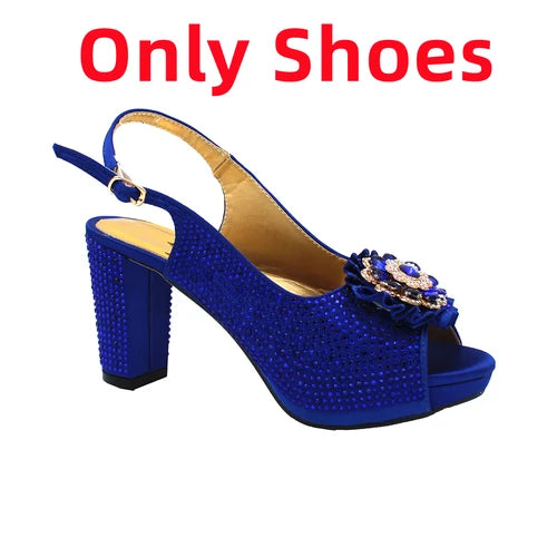 Newest Royal Blue Flower Design Elegant Design High Heel Ladies Sandal with Bag Set For Wedding Party Dress