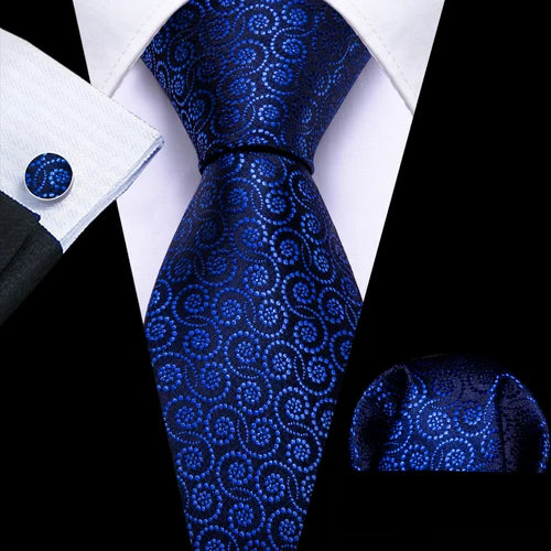 Barry.Wang Blue Silk Mens Tie Hanky Cufflinks Set Navy Royal Sky Peacock Lake Blue Necktie For Male Wedding Business Party Event