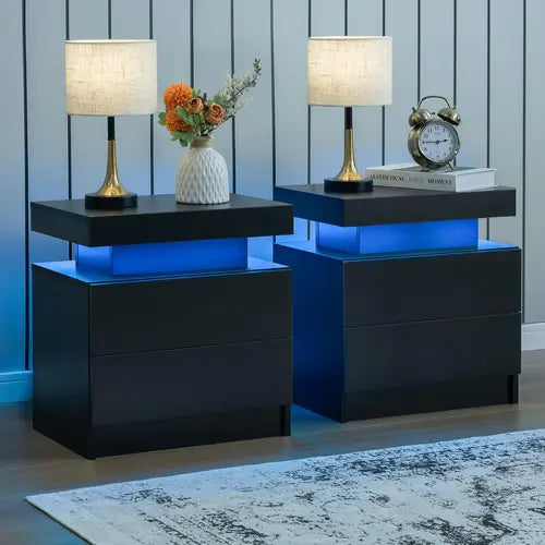 Set of 2 LED Nightstand with 2 Drawers, Bedside Table with Drawers for Bedroom Furniture, Side Bed Table with LED Light, Black