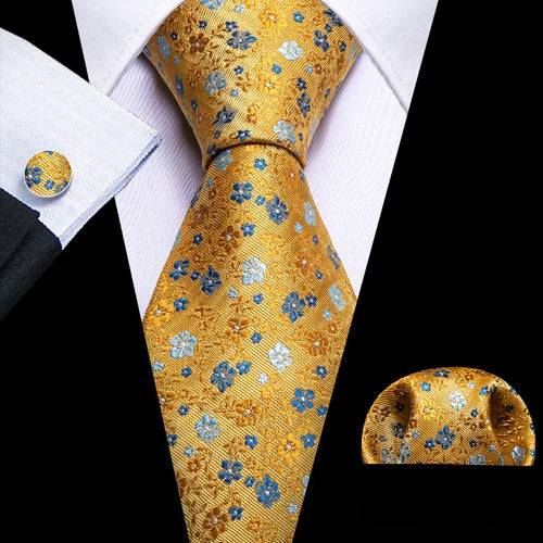 Barry.Wang Gold Silk Mens Tie Hanky Cufflinks Set Yellow Beige Orange Luxury Jacquard Necktie For Male Wedding Business Party