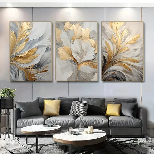 3pcs/set Golden White Leaves Poster Canvas Print Wall Art Luxury Posters Living Room Bedroom Office Hallway Decoration Painting