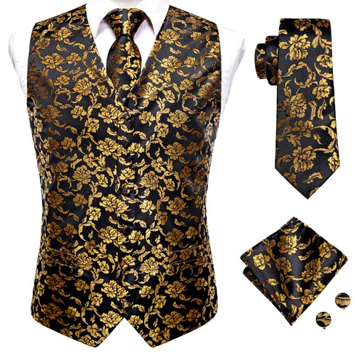 Hi-Tie Silk Mens Suit Vests 4PC Woven Floral Black Waistcoat Tie Pocket Square Cufflink Business Wedding Dress Waist Jacket