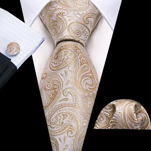 Barry.Wang Gold Beige Yellow Brown Tulip Silk Men Tie Handkerchief Cufflink Set Jacquard Necktie for Male Wedding Business Party