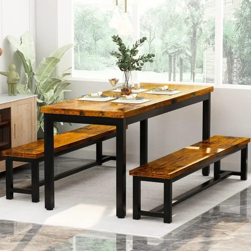 Restaurant dining table set, kitchen set with 2 benches 43.3x23.6x28.5 inches, bench 38.5x11.8x17.5 industrial brown