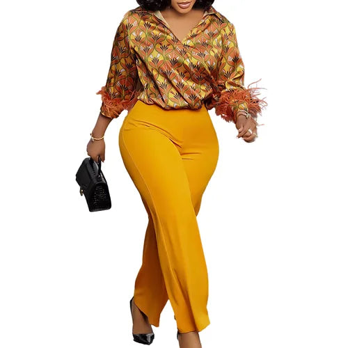 Autumn Winter Fashion Printed Two Piece Set African Women Office Ladies Satin Printed Shirt Wide Leg Pants Two Piece Set Women