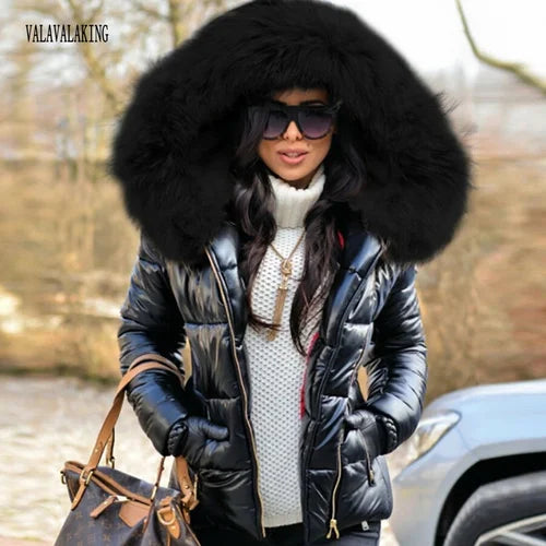 Winter Plus Size Faux Fur Hooded Coat For Women Pu Leather Long Sleeve Jacket Ladies Solid Large Zipper Pocket Warm Outwear