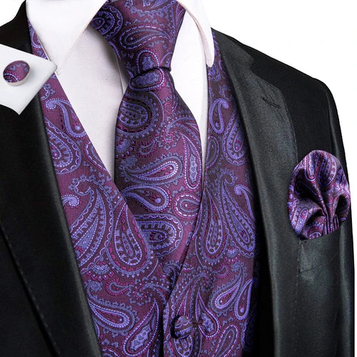 Dark Green Silk Men Vest Tie Elegant Solid Dress Sleeveless Jacket 4PC Hanky Cufflink Paisley Suit Waistcoat Wedding Gift Hi-Tie