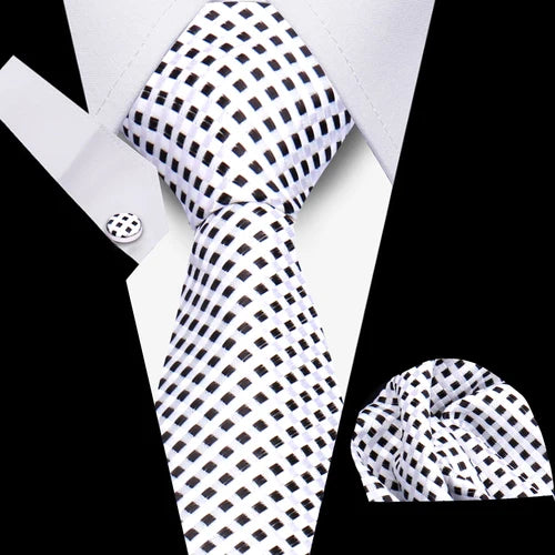 Luxurious Brand Designer Ties For Men Polyester Checkered Stripe Cufflinks Handkerchief Office Wedding Accessories Necktie Set