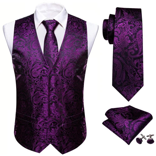 Designer Vest for Men Purple Embroidered Silk Waistcoat Tie Pocket Square Set Wedding Formal Male Suit Party Barry Wang