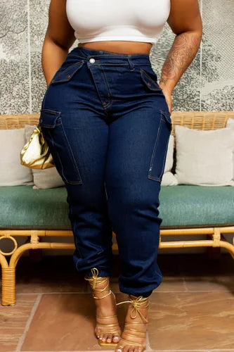 Plus Size Blue Daily Denim Asymmetric Waist With Pocket Cargo Jeans