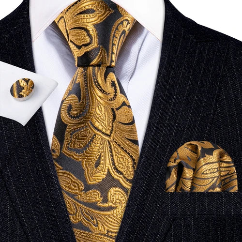 Barry.Wang Gold Silk Mens Tie Hanky Cufflinks Set Yellow Beige Orange Luxury Jacquard Necktie For Male Wedding Business Party