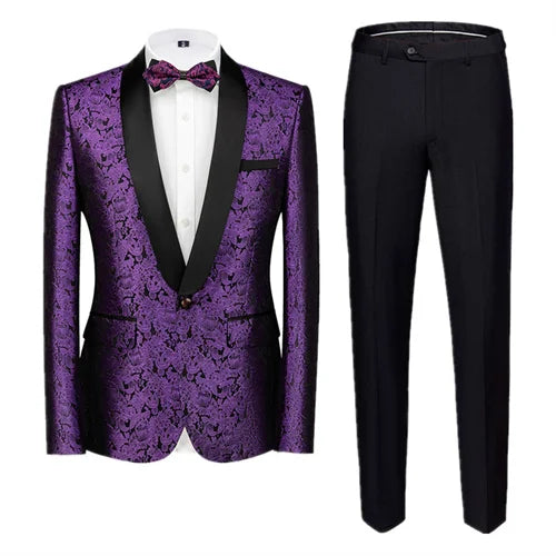 New Men Jacquard Suit 2 Piece Black / Blue / Red Fashion Male Luxury Business Wedding Prom Party Dress Blazer Jacket and Pants