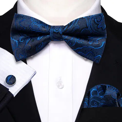 Barry.Wang Navy Royal Sky Blue Silk Mens Bow Tie Jacquard Paisley Floral Pre-Tied Bowtie Hanky Cufflinks Set Wedding Business