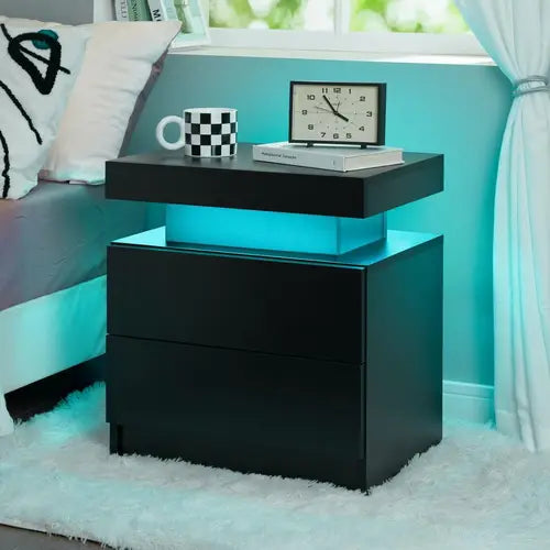 Set of 2 LED Nightstand with 2 Drawers, Bedside Table with Drawers for Bedroom Furniture, Side Bed Table with LED Light, Black