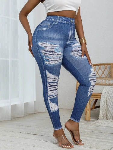 Plus Size Women's Tight Leggings Imitation Denim Print Ripped Pattern High Elastic Sports Pants Comfortable Casual Fashionable Knitted Pants