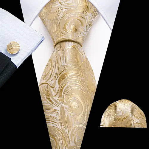 Barry.Wang Gold Beige Yellow Brown Tulip Silk Men Tie Handkerchief Cufflink Set Jacquard Necktie for Male Wedding Business Party