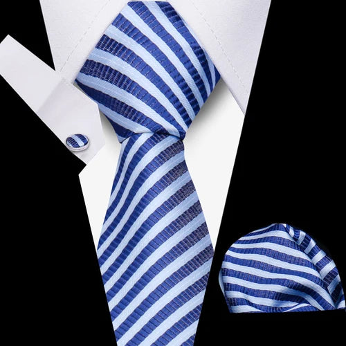 Luxurious Brand Designer Ties For Men Polyester Checkered Stripe Cufflinks Handkerchief Office Wedding Accessories Necktie Set